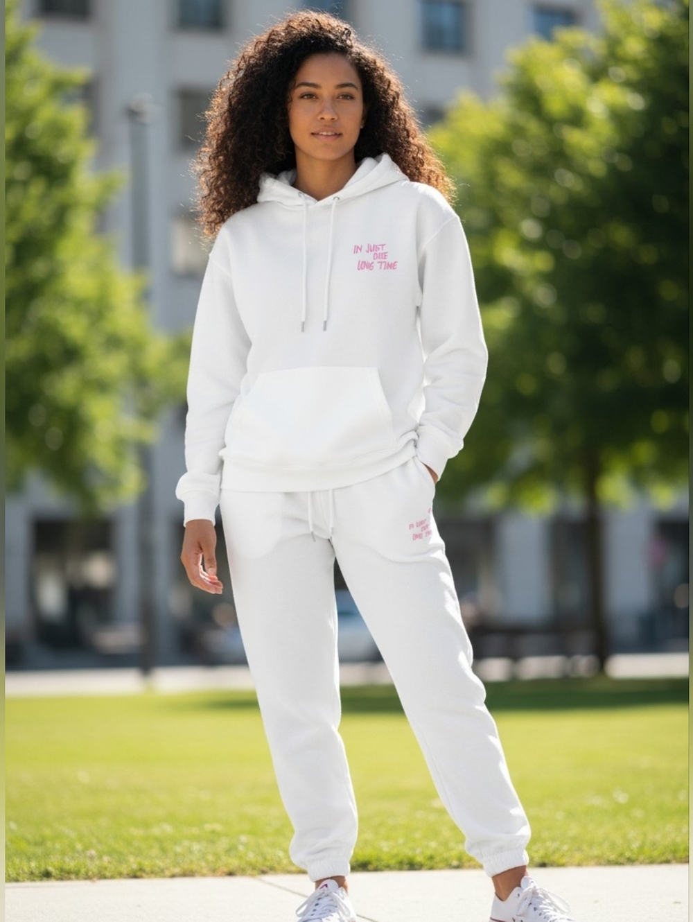 NWOT White Cozy Hoodie & Jogger Set with Pink "At Least We Have This" Script